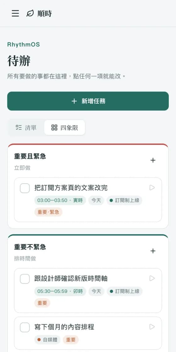 四象限待辦：重要且緊急、重要不緊急、緊急不重要、不重要不緊急四格